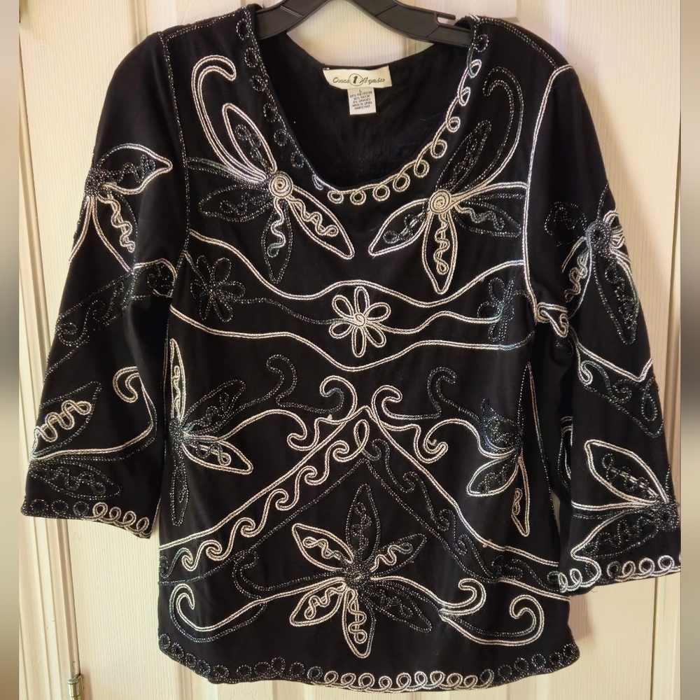 Once Again Black, Silver and White Floral Embroidered Blouse - Size Large